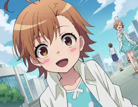 score_9, score_8_up, score_7_up, source_anime,
lastorder, <lora:last-order-acc1-ponyxl-lora-nochekaiser:1>,
last order, last order \(toaru majutsu no index\), short hair, brown hair, brown eyes, ahoge, blush, blush stickers,
dress, blue dress, sandals, polka dot, labcoat, polka dot dress,
outdoors, cityscape, smile, open mouth,
looking at viewer, dutch angle, cowboy shot,