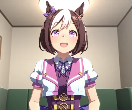masterpiece, best quality, amazing quality, , 1girl, solo, looking at viewer, smile, open mouth, <lora:Special Week in game style 3D ILL-v2:1> ummsmingame, 3d, special week \(umamusume\),