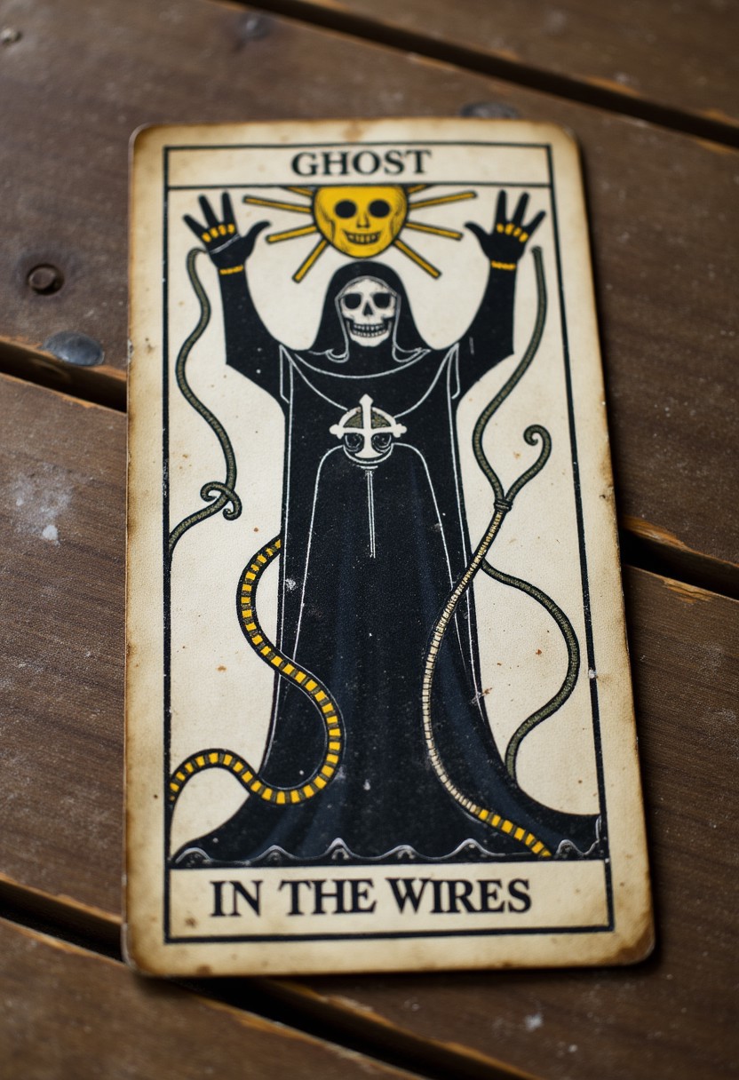 11th-style, parchment drawing tarot card of a black ghost, worn, laying on an old wooden table, rough, Tarot card titled "The Ghost in the Wires"