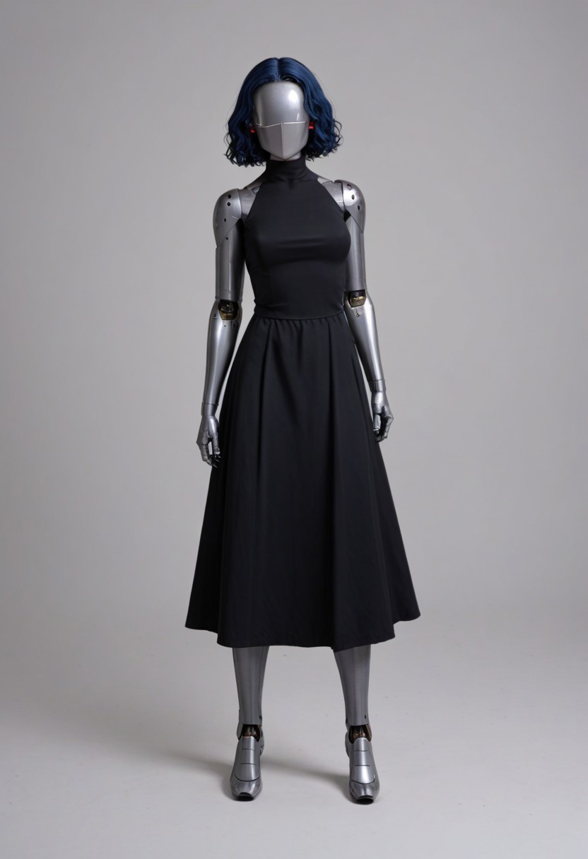 solo, A 35mm full length photo of  a beautiful 20 year old woman, she is a humanoid robot , robotic body, freckles, smooth featureless grey robotic skin, robotic aerials, metallic dark blue hair, wearing a black gothic dress in the style of wednesday adams, standing in a cemetery , robotic face with minimal features
mannequin, faceless, egghead, TheFaceLess
