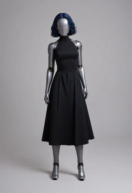 solo, A 35mm full length photo of  a beautiful 20 year old woman, she is a humanoid robot , robotic body, freckles, smooth featureless grey robotic skin, robotic aerials, metallic dark blue hair, wearing a black gothic dress in the style of wednesday adams, standing in a cemetery , robotic face with minimal features
mannequin, faceless, egghead, TheFaceLess