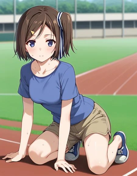 score_9, score_8_up, score_7_up, source_anime, BREAK
1girl, solo, looking at viewer, blurry background, outdoors, track field, full body, sweat, towel on neck,
hatsuna wakabayashi, short hair, one side up, side ponytail, hairclip, hair ribbon, dark blue eyes,
casual outfit, collarbone, blue shirt, short sleeves, brown shorts, sneakers,
from behind,
<lora:hatsuna_wakabayashi_anime-soralz:1>