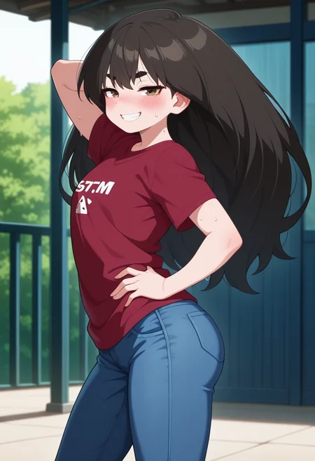 masterpiece, best quality, amazing quality, absurdres, 1girl, solo, sakurakoww, brown eyes, black hair, long hair, big hair, thick eyebrows, t-shirt, jeans, <lora:Umeyashiki_Sakurako_Me_and_the_Alien_MuMu_ill:0.8>, (from side), (standing, s-shape pose, contrapposto), (arm behind head, arm up, hand on own hip), (seductive smile, sultry, serious stare, stern look), clenched teeth, teeth, blush, looking at viewer, sweat, sweatdrop, sweat on body, nervous sweating, outdoors, skindentation, detailed clothing folds, depth of field, sharp, high contrast, dynamic light