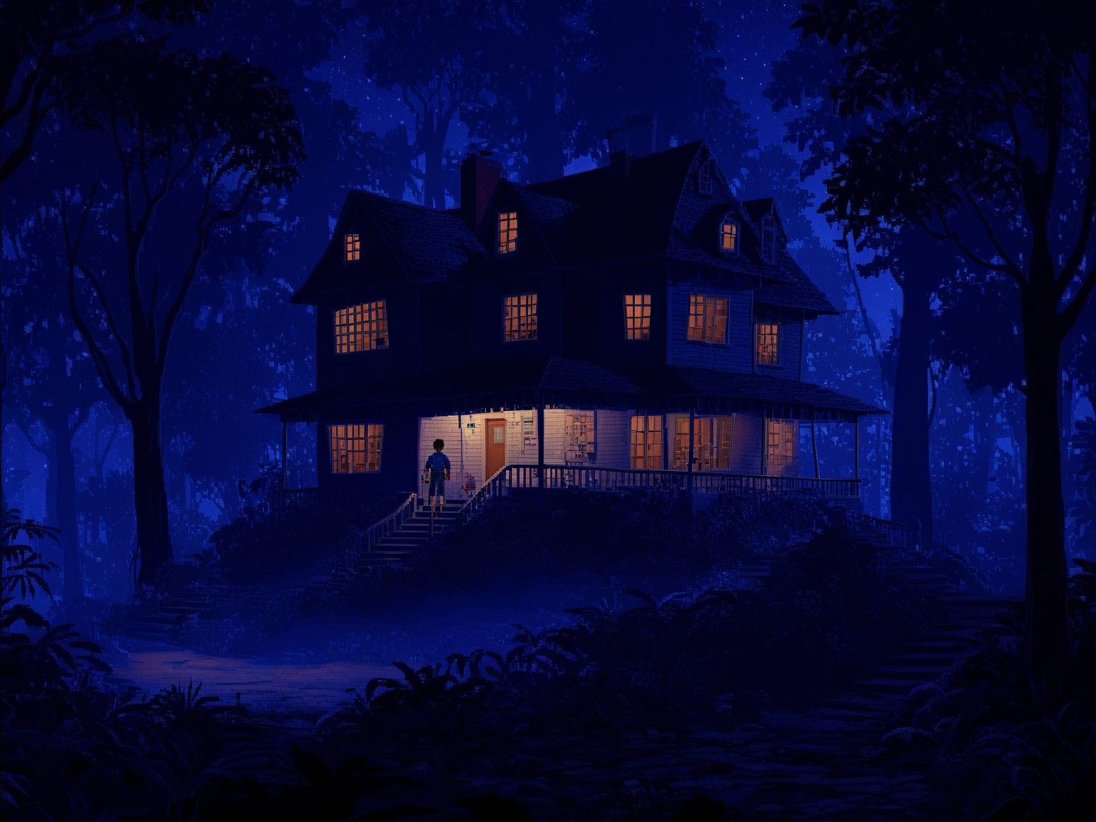 lucasarts style,  scene from stranger things, a house in the forest, night, lights, shadow, fog, tree  <lora:lucasarts style:1.2>