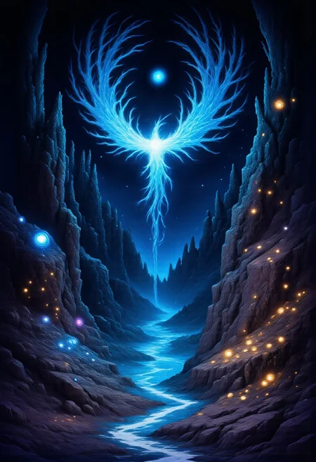 Detailed vector illustration, detailed, DreamArt, Studio Ghibli Dark Fairytale, smlstxtr, Black phoenix with fluorescent blue tones in the center of the image, behind it a planet and in the area, a magical valley with dark tones illuminated by the light emitted by the phoenix, it has several plants which are luminescent, in the middle of the valley there is a river from which a little steam emanates. Surreal and abstract digital painting.