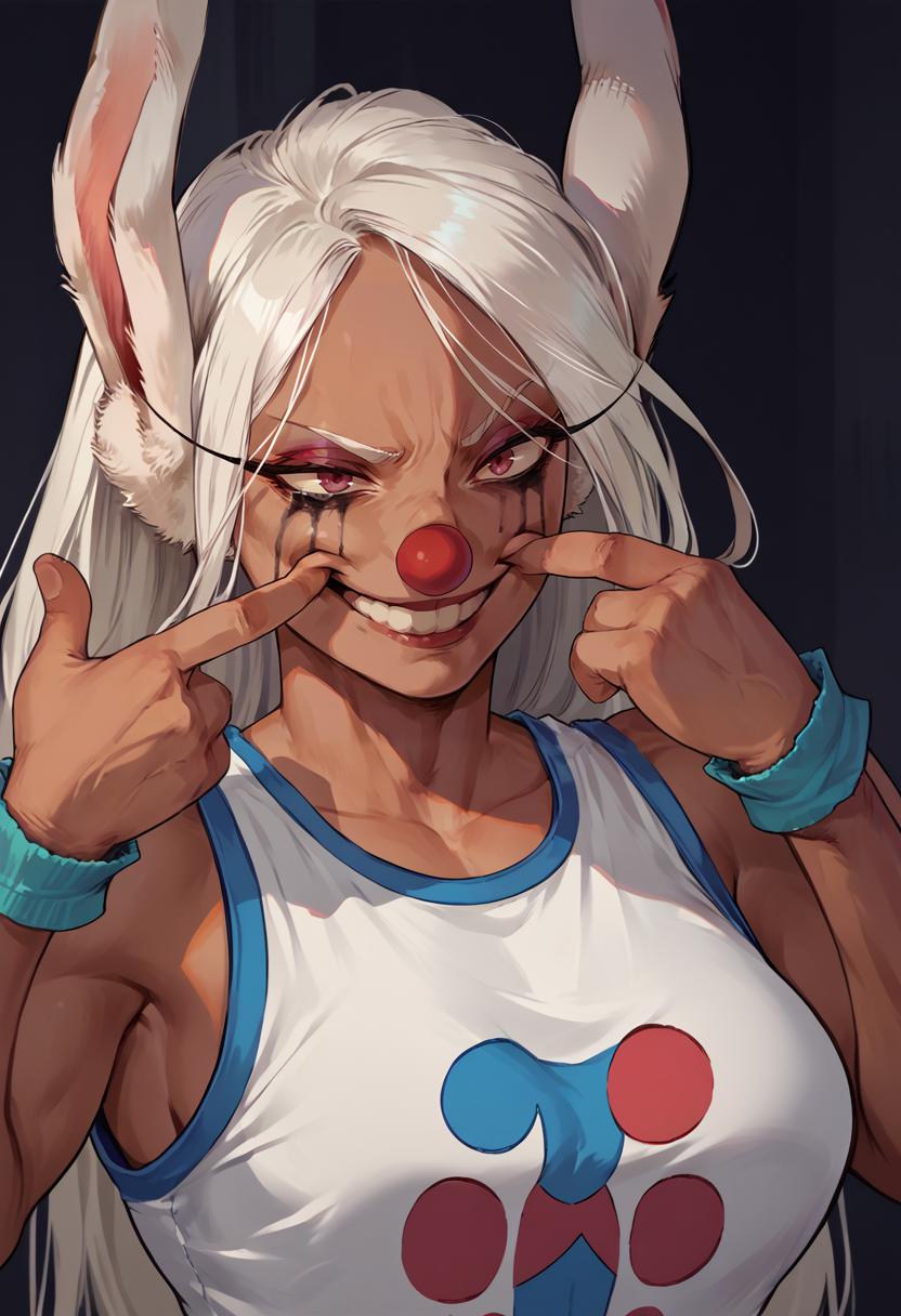 score_9, score_8_up, score_7_up, forced smile, mouth pull, fingersmile, <lora:JokersForcedSmile_pdxl_Incrs_v1:1>, makeup, clown nose, runny makeup, 1girl, mirko