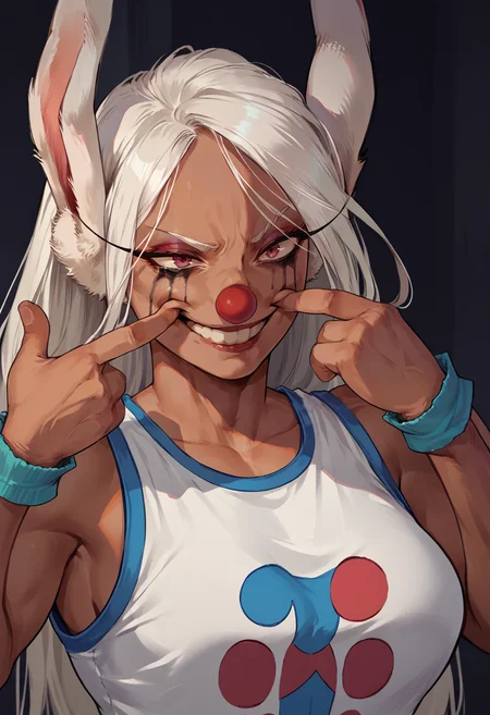 score_9, score_8_up, score_7_up, forced smile, mouth pull, fingersmile, <lora:JokersForcedSmile_pdxl_Incrs_v1:1>, makeup, clown nose, runny makeup, 1girl, mirko