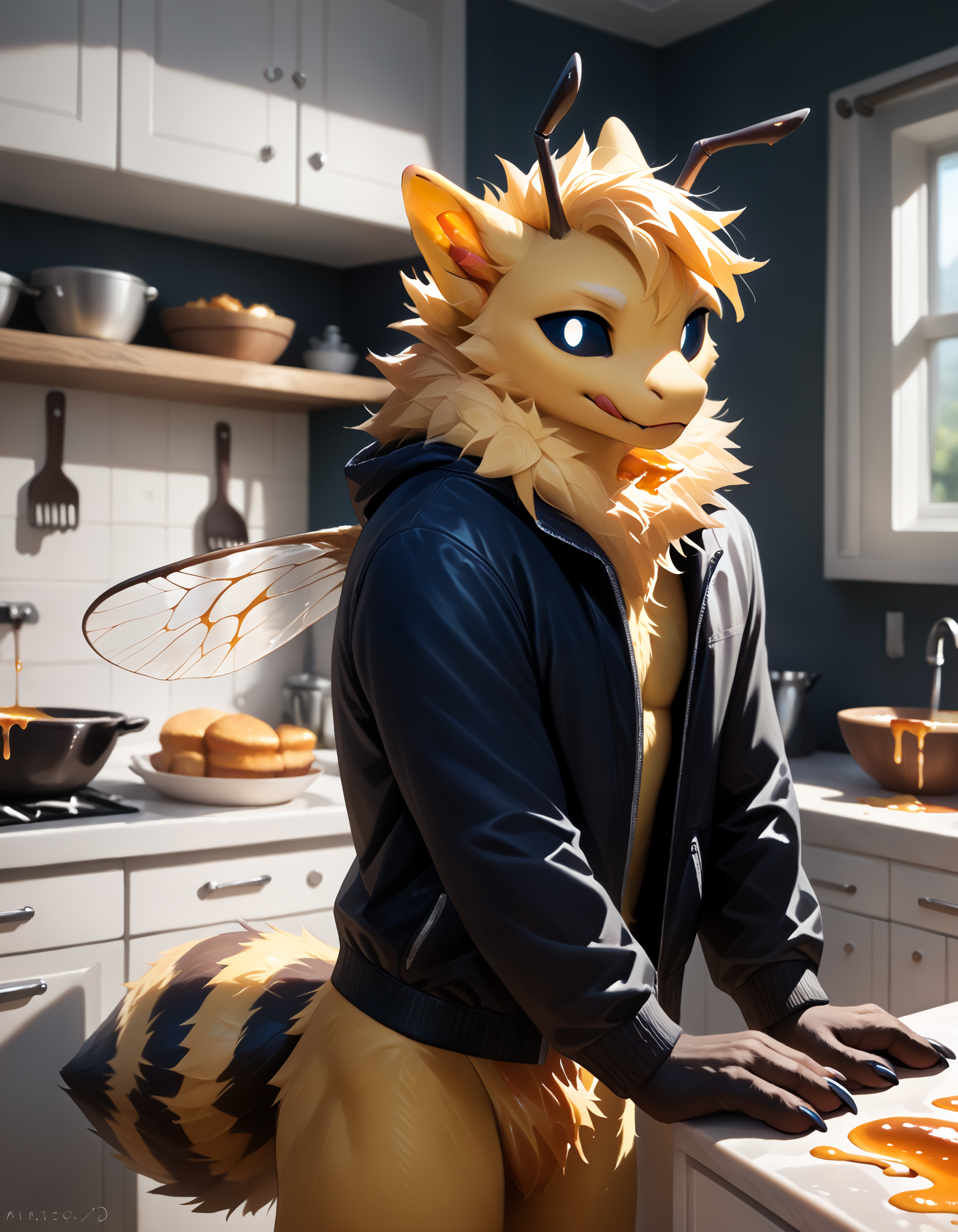 score_9, score_8_up, score_7_up, rating_safe, sfw, source_furry, depth of field, detailed, detailed background, ray tracing, masterpiece, best quality, ultra realistic, <lora:addetailv3_by_n0utis_pony.safetensors:1.0>, <lora:2.5DRealisticV2.safetensors:0.25>,   embedding:zPDXL3 BREAK adult, male, solo, 1boy, adult, male focus, sunb3e, wings, colored sclera, looking at viewer, insect wings, yellow body, fluffy tail, nostrils, bottomless, partially clothed, black unzip jacket,  <lora:Sunbee_OC_Pony.safetensors:1.0>, white pupils, black sclera, black claws, black hands, black paws, black pawpads, extra thick,  cowboy shot, (eating honey, kitchen, satisfied, licking lips:1.2),