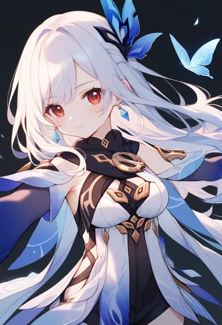 score_9,score_8_up,score_7_up,score_6_up,
Genshin_Skirk,solo,1girl,long hair,looking at viewer,blue torn thighhighs,simple background,butterfly hair ornament,blue elbow gloves,bangs,breasts,white hair,black background,jewelry,earrings,white dress,red eyes,bare shoulders,closed mouth,outstretched arms,<lora:Genshin_Skirk_pony:1>,