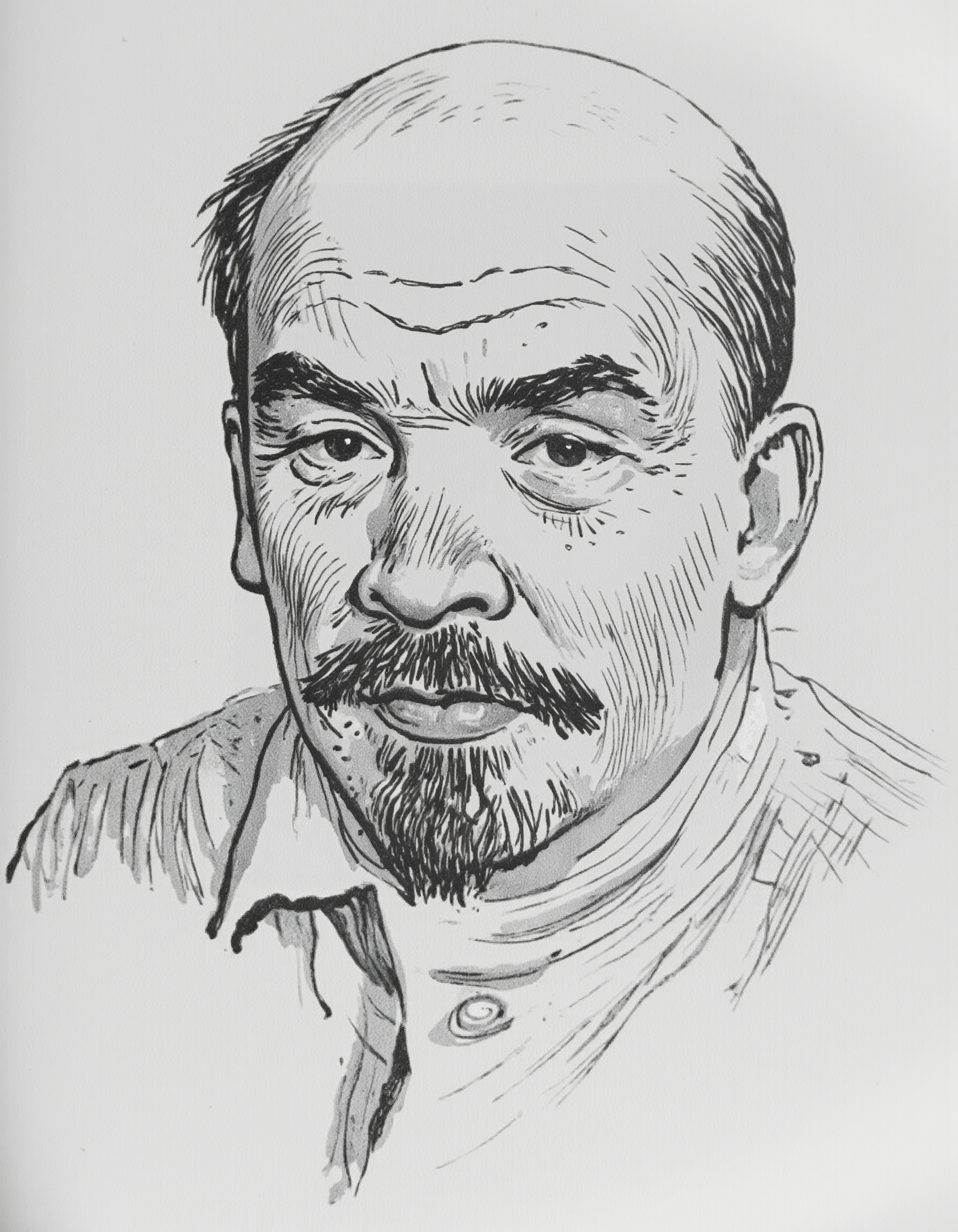 <lora:mig3:1>, reate a detailed and expressive black-and-white portrait of a man in the style of Vladimir MÐ¸Ð³ÑÐ½ov, the Soviet children's book illustrator. The portrait should feature soft, flowing lines and subtle textures, with an emphasis on capturing the characterâs personality and emotions. Use delicate cross-hatching and fine stippling techniques to create depth and shading, while keeping the overall aesthetic simple and elegant. The man should have a kind, wise, and approachable expression, with attention to his facial features, such as gentle eyes, a thoughtful smile, and a slightly rounded, friendly face shape. Avoid heavy contrasts or harsh details; instead, focus on creating a warm, nostalgic atmosphere reminiscent of mid-20th-century illustrations. Ensure the composition feels timeless and evokes a sense of quiet storytelling, <lora:lenin:1>, LENIN