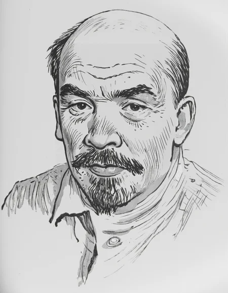 <lora:mig3:1>, reate a detailed and expressive black-and-white portrait of a man in the style of Vladimir MÐ¸Ð³ÑÐ½ov, the Soviet children's book illustrator. The portrait should feature soft, flowing lines and subtle textures, with an emphasis on capturing the characterâs personality and emotions. Use delicate cross-hatching and fine stippling techniques to create depth and shading, while keeping the overall aesthetic simple and elegant. The man should have a kind, wise, and approachable expression, with attention to his facial features, such as gentle eyes, a thoughtful smile, and a slightly rounded, friendly face shape. Avoid heavy contrasts or harsh details; instead, focus on creating a warm, nostalgic atmosphere reminiscent of mid-20th-century illustrations. Ensure the composition feels timeless and evokes a sense of quiet storytelling, <lora:lenin:1>, LENIN