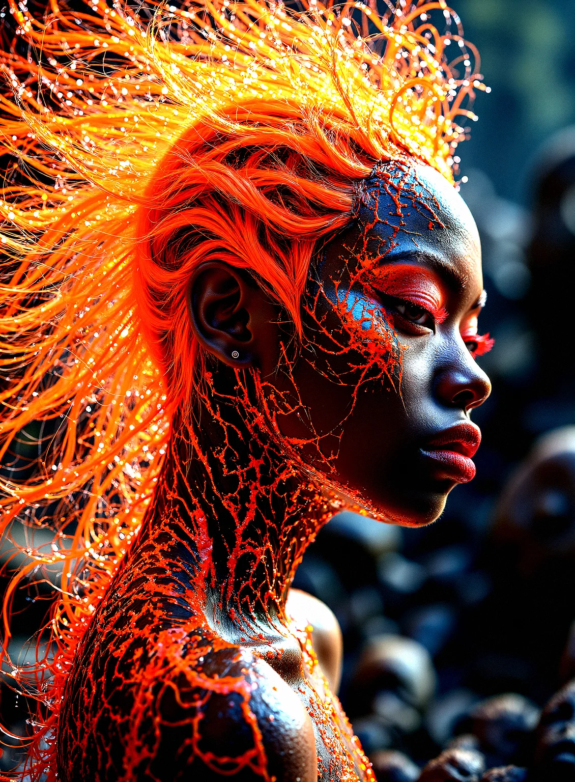 extremely photorealistic depiction of fiery flaming hair Lava-borne goddess in side profile, A powerful being with skin that appears to be forged from molten lava, glowing with heat and intensity. Sharp, bright reflections on the lava cracks and eyes, emphasizing the wet or molten texture.