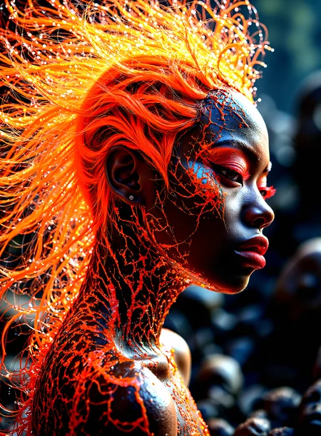 extremely photorealistic depiction of fiery flaming hair Lava-borne goddess in side profile, A powerful being with skin that appears to be forged from molten lava, glowing with heat and intensity. Sharp, bright reflections on the lava cracks and eyes, emphasizing the wet or molten texture.