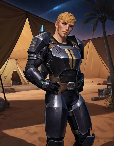 masterpiece, best quality, newest, perfect quality, intricate details, detailed background, male focus, realistic, solo, <lora:SWTOR - Torian Cadera - Illustrious-000005:0.8>, tcadera, 1boy, mature male, blonde hair, very short hair, side burns, goatee, blue eyes, cheek scars, branded face, come hither, head tilt, night, space, looking at viewer, breastplate, shoulder armor, gauntlets, gloves, belt, leg armor, boots, contrapposto, outdoors, desert, palm trees, building, tent, hands on own hips, jetpack, from side