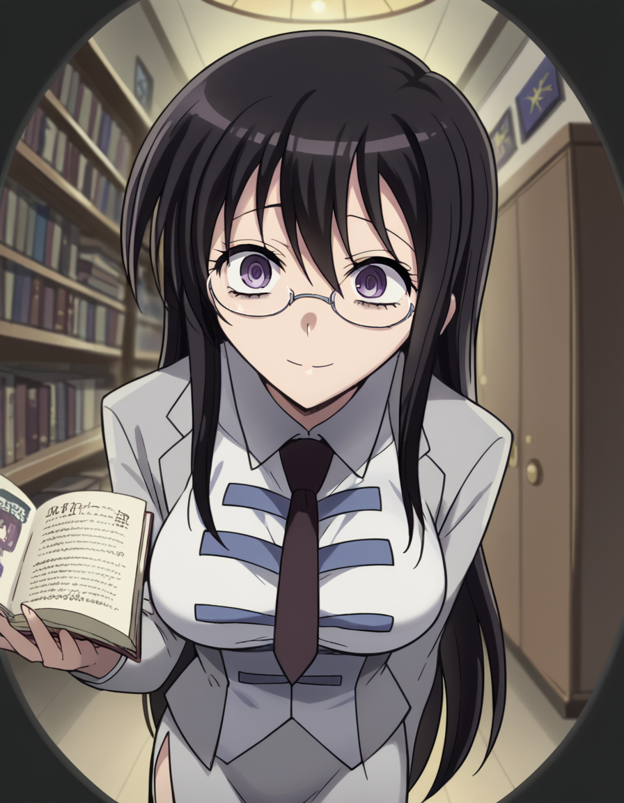 score_9, score_8_up, score_7_up, source_anime, <lora:kyouko-sonan-s1-ponyxl-lora-nochekaiser:1>, kyouko sonan, long hair, black hair, purple eyes, hair between eyes, sidelocks, anime screencap,, skirt, long sleeves, uniform, side slit, skirt suit, necktie, large breasts,, library, reading books, glasses, quiet, focused, shelves of books, smile, <lora:pov-peephole-ponyxl-lora-nochekaiser:1> pov peephole, peephole, fisheye, round border, peeking, voyeurism, apartment, yandere, horror (theme), yandere, flourescent lamp,smile, evil smile, blank eyes,, cowboy shot,, looking at viewer, solo,, dutch angle, cowboy shot
