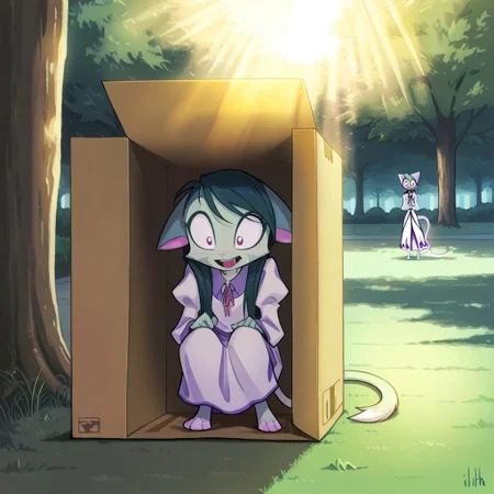 score_9, score_8_up, score_7_up,lilith_calah,
1girl,solo,furry,tail,dark green hair, source_furry,
,<lora:lilith_calah_illustrious:0.8>,
child, kid,
Hiding in a Cardboard Box in a Parkm cardboard_box, hiding, park, dress, sunlight, grass, trees, giggling, surprise , crouched in a cardboard box, dress peeking out, giggling in a sunlit park with grass and trees