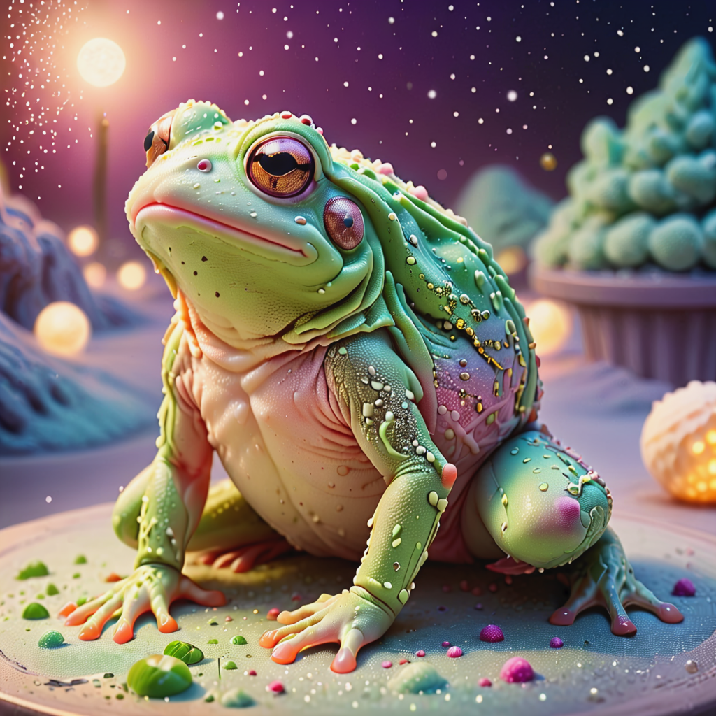 GelatoStyle macro photo, a beautiful frog, glowing lights, beautiful magical sparkles, moon dust particulates, vibrant whimsical colors <lora:GelatoStyleV1_4-000009:1>