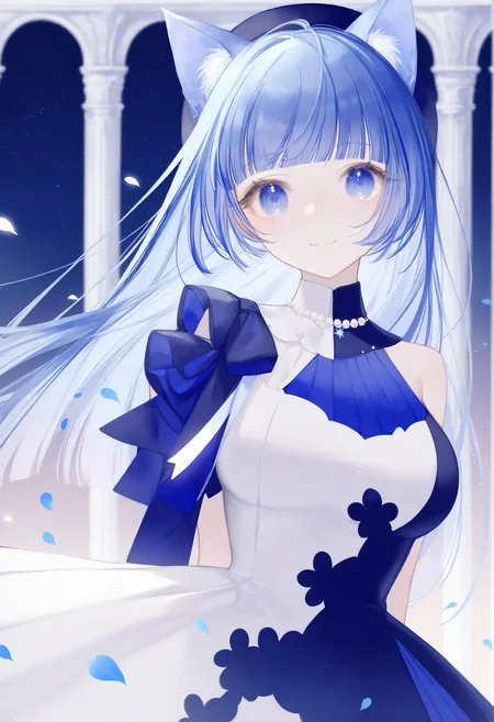 <lora:myc1_noob1.1-000189:0.9>,(yoggi \(stretchmen\):0.3),1girl, solo, animal ears, dress, long hair, virtual youtuber, cat ears, looking at viewer, blue hair, blue eyes, arms behind back, animal ear fluff, star \(sky\), breasts, hat, blue dress, pillar, smile, jewelry, beret, medium breasts, sky, upper body, blunt bangs, petals, two-tone dress, white dress,
masterpiece,best quality,newest,absurdres,highres,very awa,