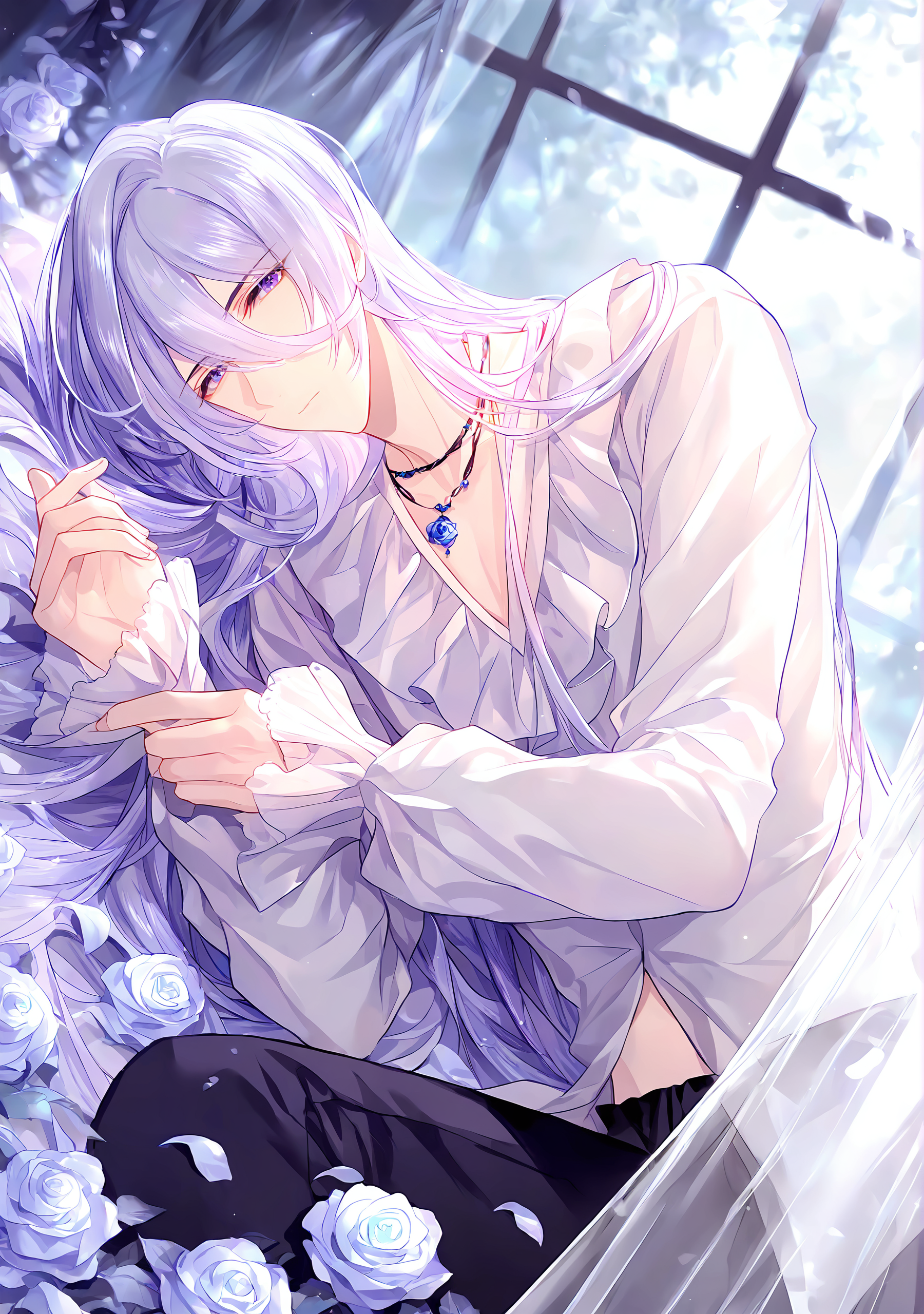 masterpiece,best quality,<lora:fat-noob05:1>,
lovebrush chronicles, cael anselm, 1boy, male focus, long hair, solo, flower, jewelry, shirt, bishounen, necklace, white shirt, lying, purple eyes, looking at viewer, on side, long sleeves, curtains, hair between eyes, petals, window, rose, bangs, blue eyes, frills, closed mouth, white hair, very long hair, black pants, pants, white flower