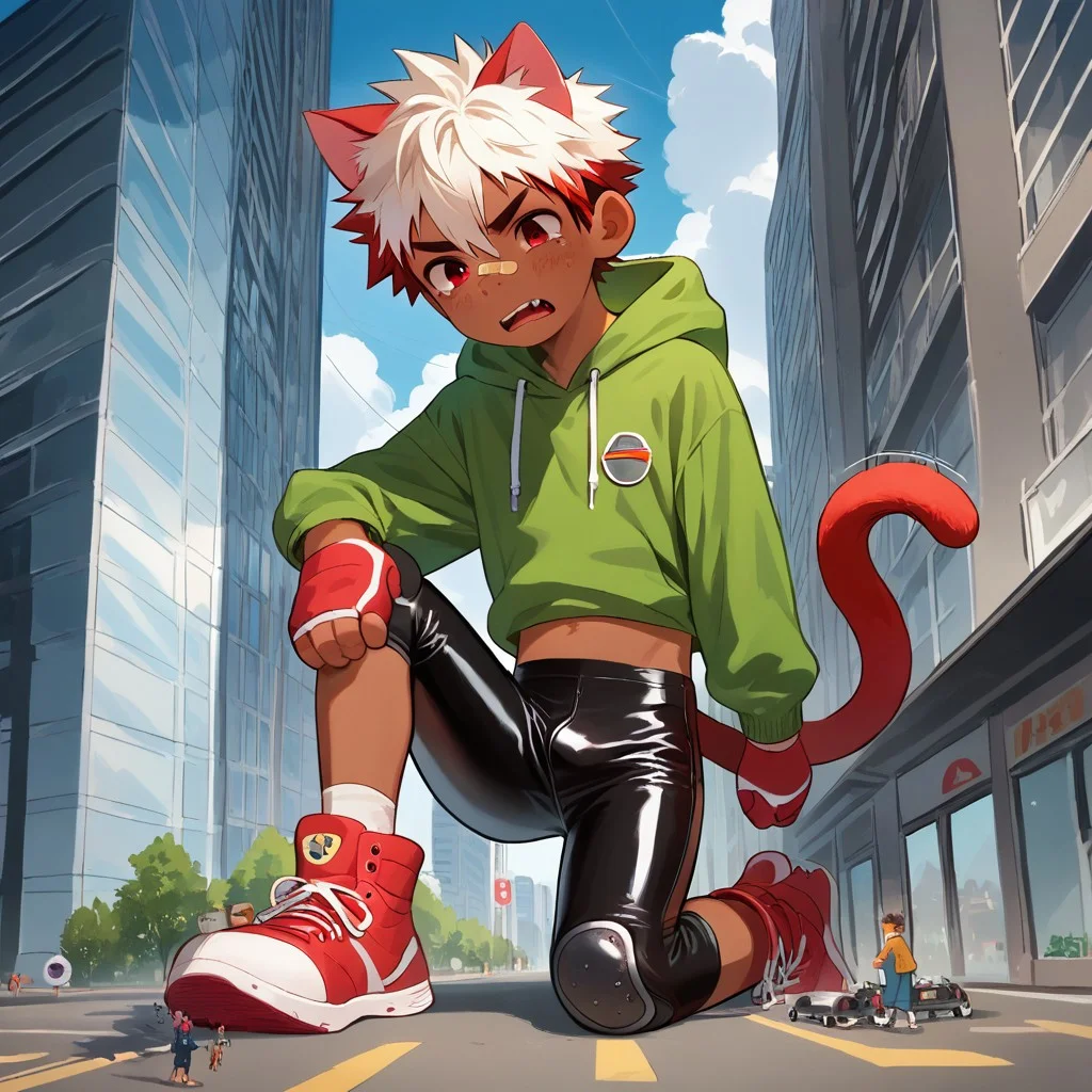 score_9, score_8_up, score_7_up, score_6_up, score_5_up, score_4_up, Anime Style, Shonen Style, ((HD, High Quality, Masterpiece, High Quality Background, Detailed Background, thick outline)), (((Male, Boy, Young, Young Boy, Cute Boy, Pre-Teen, Tween, Twink, Skinny, cute face, Round Face, Freckles, Red eyes, Cat Ears, Cat Tail))), ((Dark Skin, Tanned Skin, Brown Skin)), (Medium Hair, Hair Between Eyes, White Hair, Red Highlights, Spiky Hair, Spiked Hair), 1boy, solo, ((Rubber Spandex Pants, Latex Rubber Gloves)), ((Hoodie, Hooded Jacked,  Elbow-Pads, Knee-Pads, Goggles, band aid on nose, band aid on cheek, Midriff Showing)), latex rubber Boots, Oversized latex rubber Boots, Oversized Latex Rubber Sneakers, Latex Rubber Sneakers, Elbow-Pads, Knee-Pads, Hooded, ((Emphasize oversized latex rubber Boots, emphasize oversized latex rubber sneakers, Emphasize Latex, Emphasize Gloves, Emphasize Goggles)), (((Macro, Giant, Growth, Growing Macro, Growing Giant, Macro cute boy, Macro cute boy Stomping in a city Street, Macro cute boy growing in a city Street, Looming, Macro cute boy between city buildings, Giant Looming))), ((Looking down, Screaming, Yelling, Snarling, Angry, growling, Furrowed Eyebrows, Crying in Pain, narrowed eyes, tears, furious)), ((stepping on small cars, stomping)), (((Growth Lines coming off body, Motion Lines showing growth, Motion Lines coming off body))), (Low-Angle Shot), ((Full-Body Shot))
