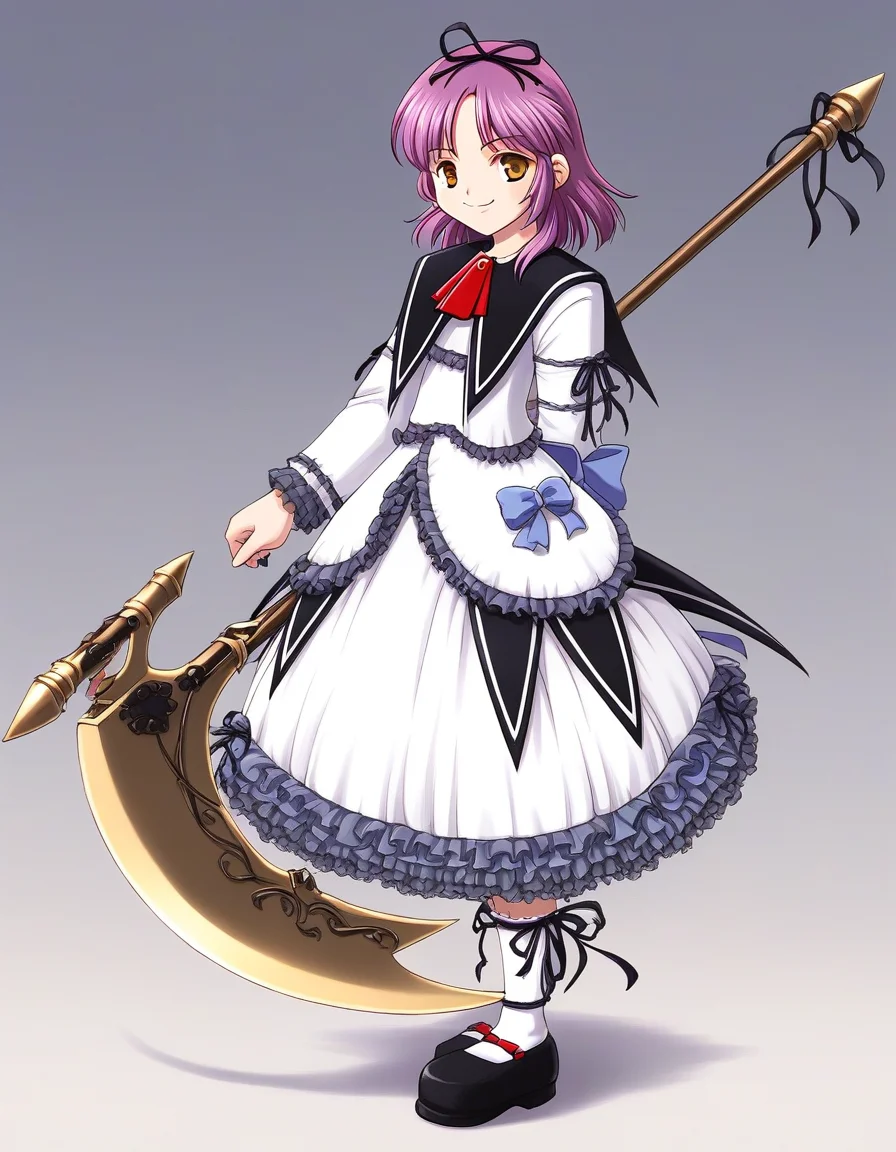 score_9, score_8_up, score_7_up, source_anime, rating_explicit, BREAK <lora:Renne_Bright_XL:1> Renne_Bright, purple hair, medium hair, yellow eyes, hair ribbon, black ribbon,
1girl, solo, scythe, holding scythe, full body, dress,
smile, bow, ribbon, shoes, frills, holding, socks, tachi-e, white dress, red ascot, weapon, brown eyes, standing, red_ascot, mary janes, looking at viewer, white socks,
grassland