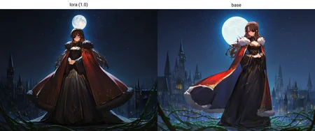 masterpiece, best quality, absurdres, (fkey, traditional media, ciloranko,:0.5), dark, chiaroscuro, moonlight, 1girl, standing, own hands together, red eyes, outside, castle, eyepatch, long hair, long dress, cleavage cutout, black dress, gold trim, red cloak, fur-trimmed cloak, long sleeves, hair ornament, full body, brown hair, vines, wide sleeves, hair over one eye, moon, night, (city lights:0.9), (blue theme:0.3), starry sky