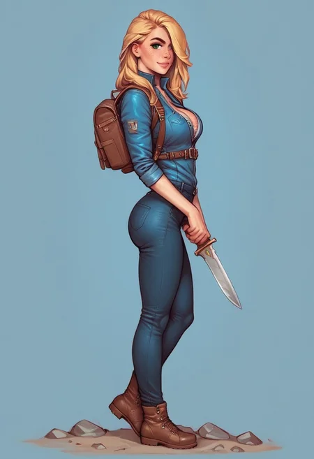 1girl, illustration, looking at viewer, highly detailed, skinny, looking at viewer, 1girl, masterpiece, best quality, ((((side view)))), <lora:Evie_Frye_pxl:1> source_photo, source_real, 1girl, solo, long hair, breasts, looking at viewer, blonde_hair, cleavage, closed mouth, green eyes, adventuress armor, backpack, lips, eyelashes, portrait, leather, freckles, realistic,, dynamic pose
BREAK
slight smile, long hair, blonde hair, hair over one eye, big hair, green eyes,
BREAK
best quality, depth of field, bokeh, (hunting knife in hand:1.3), (((full clothed)))
BREAK
((stones and rocks, blue sky background)), score_9, score_8_up, score_7_up, score_6_up, source_cartoon, rating_explicit, Expressiveh, ((((full body))))), dynamic pose,