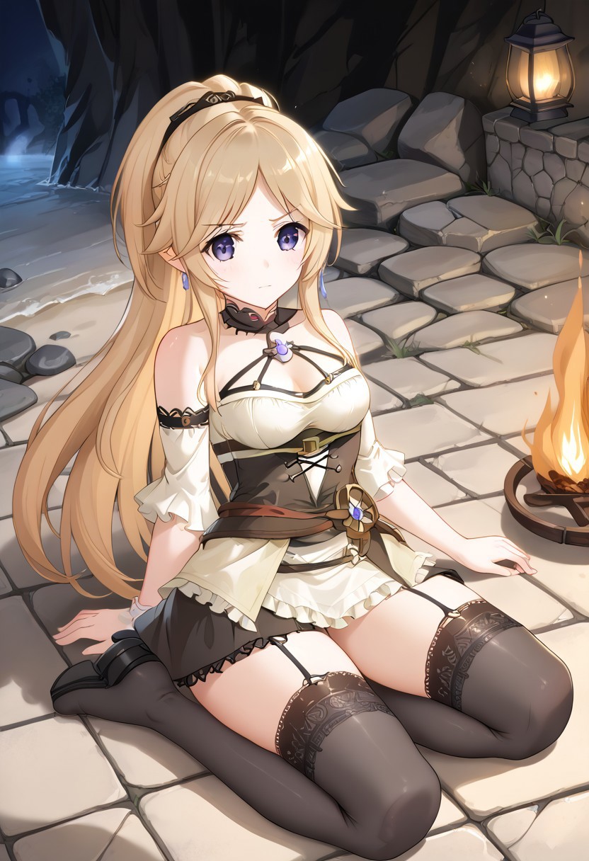 core_9, score_8_up, score_7_up,
BREAK source_anime, best quality, masterpiece, rating_safe, uncensored, High quality, 8k, Ultra detailed, insanely detailed, beautiful, prefect lighting, 1girl, 
BREAK yukariadv, very long hair, blonde,
clockwork outfits, thighhighs,
BREAK (Cave, firewood, fire, water droplets, stone bed, rough floor,Cobblestone wall),