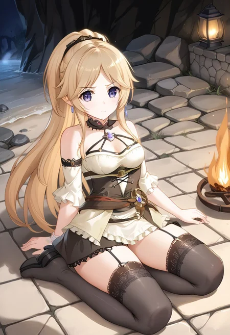 core_9, score_8_up, score_7_up,
BREAK source_anime, best quality, masterpiece, rating_safe, uncensored, High quality, 8k, Ultra detailed, insanely detailed, beautiful, prefect lighting, 1girl,
BREAK yukariadv, very long hair, blonde,
clockwork outfits, thighhighs,
BREAK (Cave, firewood, fire, water droplets, stone bed, rough floor,Cobblestone wall),