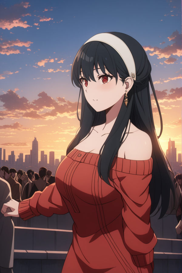 masterpiece, best quality, highres, 4k, 8k, intricate detail, cinematic lighting, amazing quality, amazing shading, soft lighting, Detailed Illustration, anime style,
yorbriar, <lora:yor-briar-s1s2-sdxl-lora-nochekaiser:0.75>,
yor briar, black hair, red eyes, earrings, white hairband, hairband, long hair, sidelocks,
bare shoulders, collarbone, dress, long sleeves, off shoulder, off-shoulder dress, off-shoulder sweater, pantyhose, red sweater, sweater, sweater dress, thighs,
outdoors, cityscape, crowd, people, sky, blue sky, clouds,
looking at viewer, full body, dynamic pose,