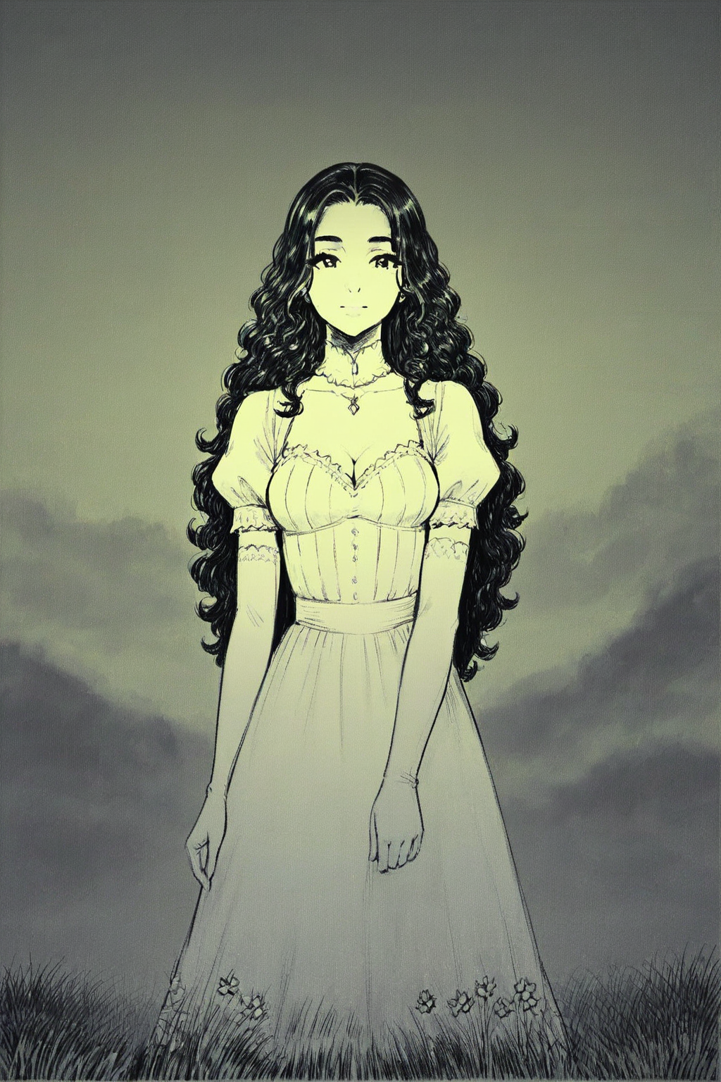 score_9, score_8_up, score_7_up, rating_safe, 1girl, solo, long hair, curly hair, wavy hair, looking at viewer, breasts, dress, white dress, puffy sleeves, puffy short sleeves, short sleeves, gloves, elbow gloves, white gloves, cowboy shot, closed mouth, standing, outdoors, field, flower, grass, plant, sky, <lora:godiva_green:1>, (monochrome:1.5), (green theme:1.5)
