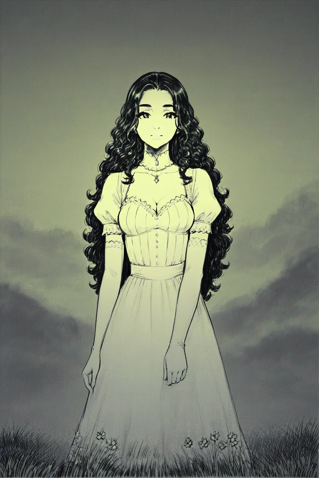 score_9, score_8_up, score_7_up, rating_safe, 1girl, solo, long hair, curly hair, wavy hair, looking at viewer, breasts, dress, white dress, puffy sleeves, puffy short sleeves, short sleeves, gloves, elbow gloves, white gloves, cowboy shot, closed mouth, standing, outdoors, field, flower, grass, plant, sky, <lora:godiva_green:1>, (monochrome:1.5), (green theme:1.5)