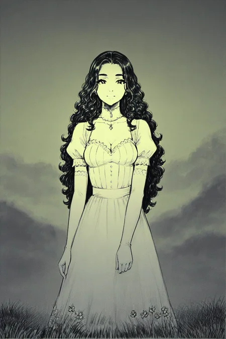 score_9, score_8_up, score_7_up, rating_safe, 1girl, solo, long hair, curly hair, wavy hair, looking at viewer, breasts, dress, white dress, puffy sleeves, puffy short sleeves, short sleeves, gloves, elbow gloves, white gloves, cowboy shot, closed mouth, standing, outdoors, field, flower, grass, plant, sky, <lora:godiva_green:1>, (monochrome:1.5), (green theme:1.5)