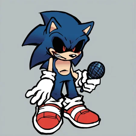 Source_9, source_8_up, source_7_up, source_6, source_cartoon, cartoon character, stylized art, cartoonish, cartoon, flat colors, bold outlines, rough outlines, gradient shading, minimal gradients, indie cartoon aesthetic, full body, standing, digital art, 2d, 2d art, holding, holding blue microphone, grey background, 1boy, solo, hedgehog, GrimboEXE, gloves, 1boy, animal ears, blue hair, shoes, socks, white gloves, white socks, spiked hair, red footwear, furry, furry male, body fur, animal nose, flat color, blue fur, sonic the hedgehog, black sclera, colored sclera, red glowing eyes, bloody tears, skinny, tin body, slender limbs