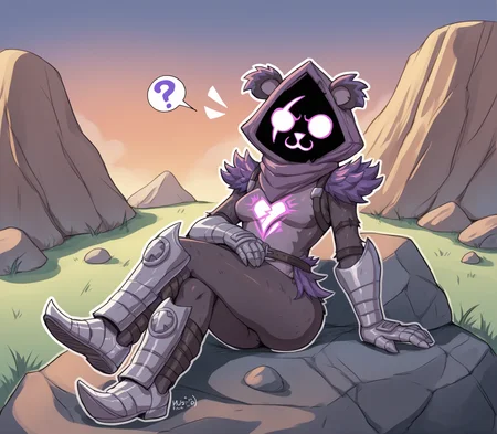score_9, score_8_up, score_7_up, score_6_up, score_5_up, score_4_up, source_furry, [reiq|mdf], raven team leader, bear, mammal, anthro, arm tuft, armor, boots, boulder, broken heart tattoo, butt, chest tattoo, clothing, cross legs, dark body, dark clothing, dark fur, ear tuft, eye scar, facial scar, female, floating rocks, footwear, fur, furgonomic headwear, furgonomics, gauntlets, gloves, glowing, glowing eyes, handwear, harness, hip tuft, hood, lying, multicolored body, multicolored fur, sitting, outline, pebble, pink eyes, pointy shoes, purple body, purple clothing, purple fur, reclining, relaxed expression, rock, sabatons, scar, schynbalds, shadow face, shoulder tuft, solo, tattoo, tuft, two tone body, two tone fur, vambrace, white outline, epic games, fortnite, cute, detailed background, outside, field, ;3, looking at viewer, happy, confused, ?, unsure
 <lora:raven-team-leader_pdxl:1>