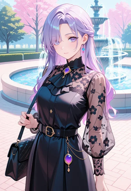 (masterpiece, best_quality, high_quality, absurdres, highres, detailed, amazing_quality, vibrant_colors, very_aesthetic, newest, colorful, vivid, masterclass),
1girl, curtained_hair, hair_over_eye, half-up_twist, brooch, calm, dark_violet_hair, lace-trimmed clothes, see-through sleeves, high collar, ascot, amulet, belted tunic, flower_patterned_clothing, black_clothing, handbag, park, fountain, soft_light,