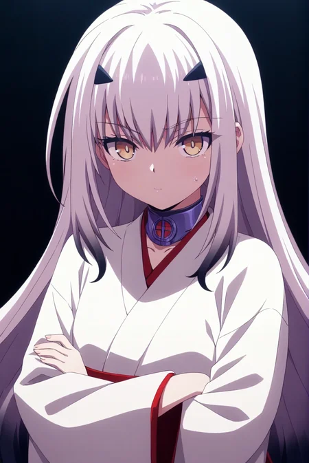 melusine \(fate\),1girl,miko,<lora:SkyStrikerAce-style:1>,looking_at_viewer,black_background,standing,crossed_arms,upper_body,, masterpiece,best quality,amazing quality,