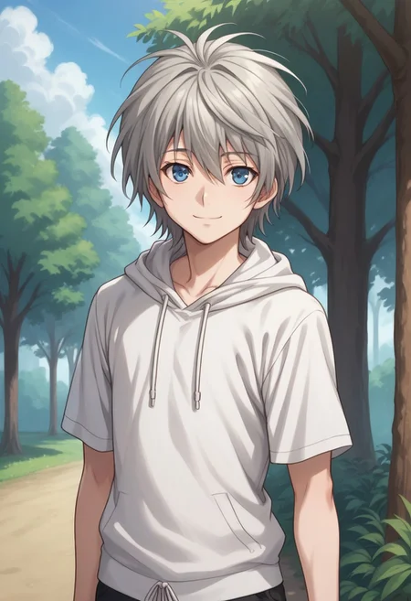 score_9, score_8_up, score_7_up, source_anime, highly detailed,
shiina, solo, blue eyes, male focus, 1boy, shorts, upper body, grey hair, standing, looking at viewer, blue eyes, shirt, smile, hoodie, hood, short sleeves,
outdoor, sky, tree