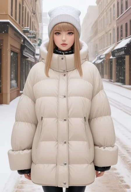 (white quilted down coat:1.4), (white quilted puffer coat:1.4), (white quilted winter clothes:1.4), (puffer hood up:1.4), (down hood up:1.4), (very snowing, very cold:1.4), (full body, ankle winter boots:1.4), (city, street, winter, snow:1.4), (snowing clothes:1.4), walking, daytime, sun, sunlight, (leggings:1.4), thigh boots, green eyes, tsurime, blonde hair, streaked hair, medium hair, light smile, straight hair, dyed bangs, sidelocks, beanie, eyelashes, eyeliner, masterpiece, high quality, best quality, beautiful lighting, realistic lighting, beautiful eyes, beautiful hair, beautiful face, detailed face, high quality face, realistic background, detailed background, (hands behind back:1.5), (from front:1.5), cuffs, collar, (Thick padded cuffs:1.4), (Thick padded collar:1.4), <lora:Collar-SDXL:0.75>, <lora:Cuffs-SDXL:0.75>, <lora:fashion_lora:0.6>