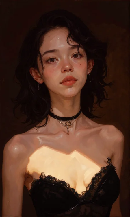 Close-up of a woman.
The woman has a light complexion and dark brown, wavy hair that falls around her shoulders. Her gaze is directed slightly toward the viewer, and her expression is neutral, neither smiling nor frowning. Her lips are a soft, natural pink.
She is wearing a black choker-style necklace, and a black lacy strapless bra. The bra is prominent in the image, accentuating her upper body. The lighting is focused on her face and upper body, creating a soft, subtle highlight that emphasizes her features and skin texture.
The background is a dark, muted brown, which serves to draw the viewer's attention to the woman in the foreground. The background blur is significant and smooth to bring emphasis to the model., <lora:FLUX-daubrez-DB4RZ-v2:1> DB4RZ, DB4RZ style painting