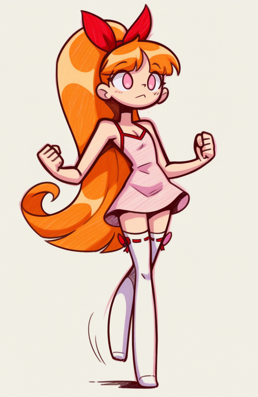 1girl, solo,
blossom \(ppg\), pink eyes, orange hair, very long hair, ponytail, petite, flat chest, pink chemise, red ribbon-trimmed thighhighs, no shoes, standing, one foot stepping forward, focused stare, moving stance, action drive,
<lora:shadowhawx95:1> shadhawx, traditional media, hatching \(texture\), sketch, extremely detailed, highres, masterpiece, best quality