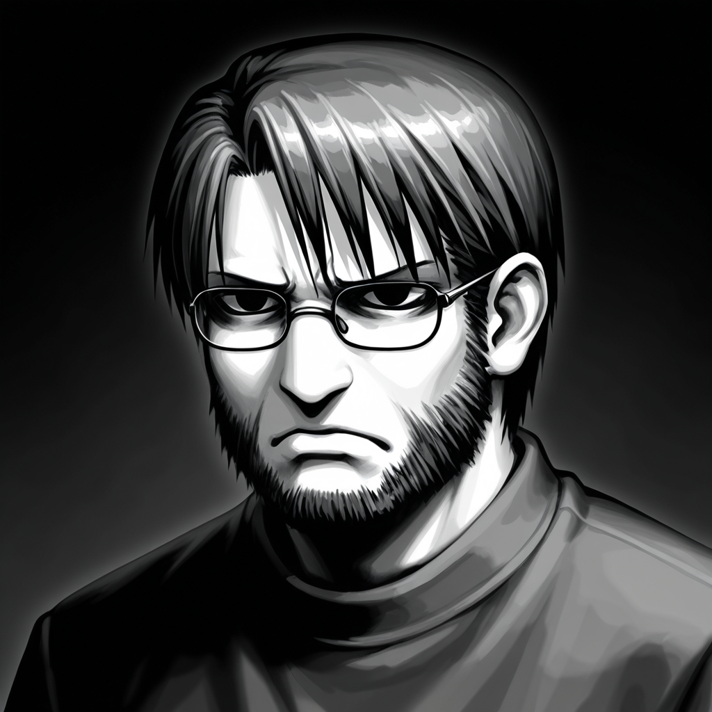 monochrome, 1boy, toshiaki, greyscale, male focus, solo, glasses, facial hair, beard, upper body, frown, simple background
masterpiece,best quality,amazing quality,very aesthetic,absurdres,newest,
<lora:StS-Illustrious-Detail-Slider-v1.0:1.5>, <lora:99coins_toshiaki_05:1>