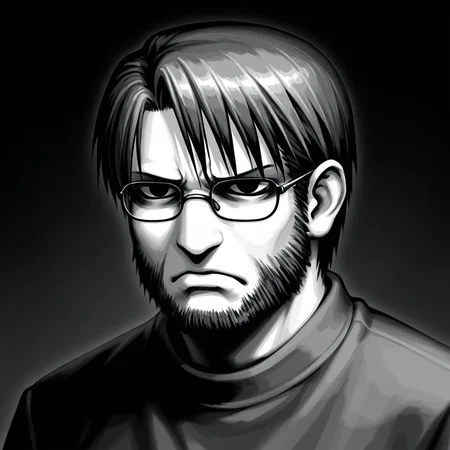 monochrome, 1boy, toshiaki, greyscale, male focus, solo, glasses, facial hair, beard, upper body, frown, simple background
masterpiece,best quality,amazing quality,very aesthetic,absurdres,newest,
<lora:StS-Illustrious-Detail-Slider-v1.0:1.5>, <lora:99coins_toshiaki_05:1>