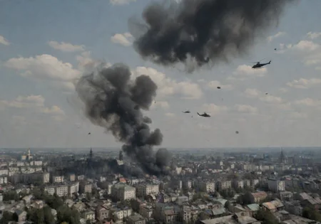 <lora:Smoke_XL:1>, middle shot, modern Ukrainian bombed out city with churches, helicopters overhead, in the form of smoke_xl