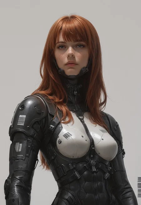 safe_pos, mcnm, 1girl, upper body, freckles, long hair, bangs,

medium breasts, 

mech suit, armor, synthetic, leather straps, nylon, tactical, barcode, unzipped,

simple background,

score_8, score_9_up,