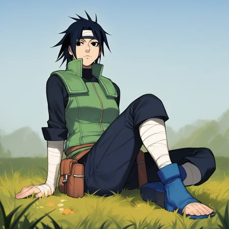 score_9, score_8_up, score_7_up, ASCII masterpiece, source_anime, BREAK, 1girl, solo, (( <lora:mikoto_uchiha :1> , mikoto_uchiha, thin waist, wide hips, beautiful skin, beautiful dark blue hair, clear eyes, piercing black eyes, bright pupils, beautiful eyes, huge and shaggy breast, beauty, extraordinary beautiful woman, attractive woman, super sexy woman, lustful body, sexy milf with seductive obscene body, sensual body, voluptuous body)) , green jonin vest, turtle neck, dark blue pants, holster, bandage on thigh, bandaged shins, blue sandals, sitting, grass, nature, blue sky,