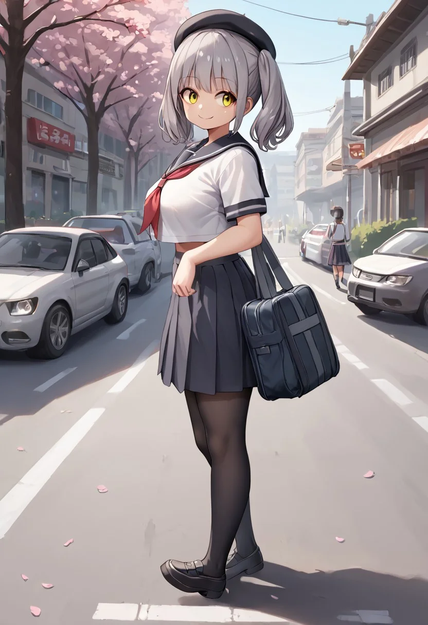 score_9, score_8_up, score_7_up, BREAK source_anime, multiple girls walking on the street, belorta, gray hair, twintails, shorthair, yellow eyes, big breast,
school uniform, sailor fuku, beret, school bag, wearing school bag, smile, walking, school background, street, cherry blossom, looking away, from side view, cars, garbage truck,