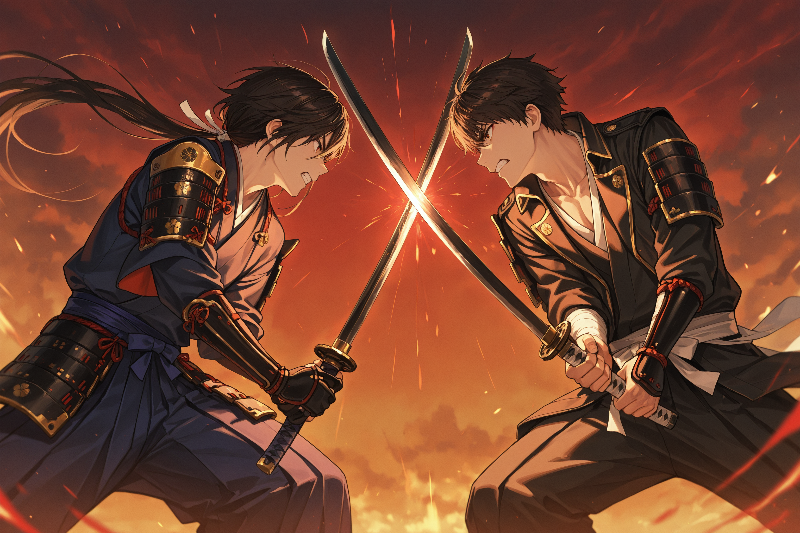 masterpiece, best quality, absurdres, safe
2boys, sword clash, holding sword, japanese clothes, japanese armor, katana
<lora:sword_clash_il_2_v4_d16_final:1>