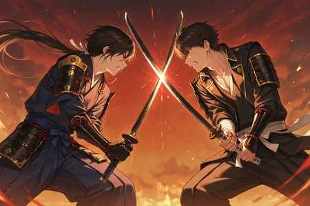 masterpiece, best quality, absurdres, safe
2boys, sword clash, holding sword, japanese clothes, japanese armor, katana
<lora:sword_clash_il_2_v4_d16_final:1>