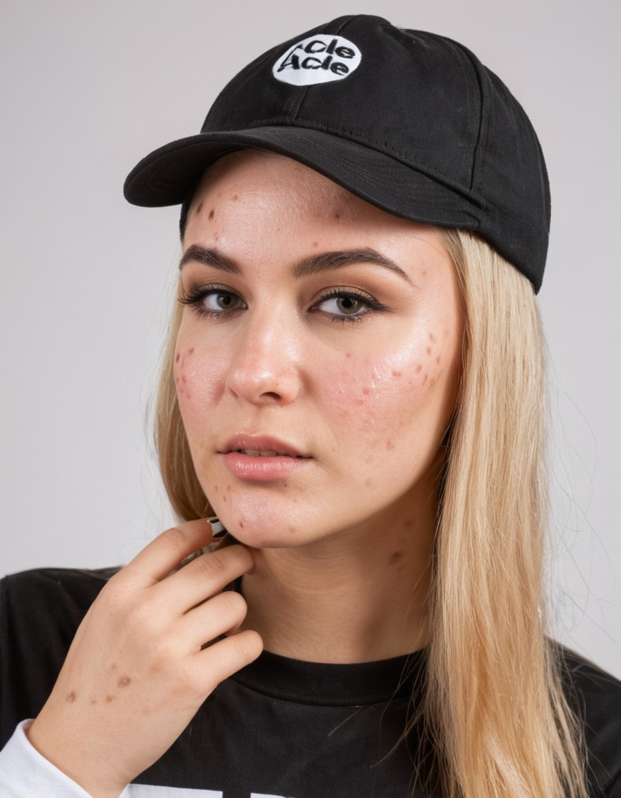 female dj with make up. dressed in a hardstyle outfit, wearing a cap, <lora:275FAB00CB:0.3> Detailed natural skin and blemishes without-make-up and acne